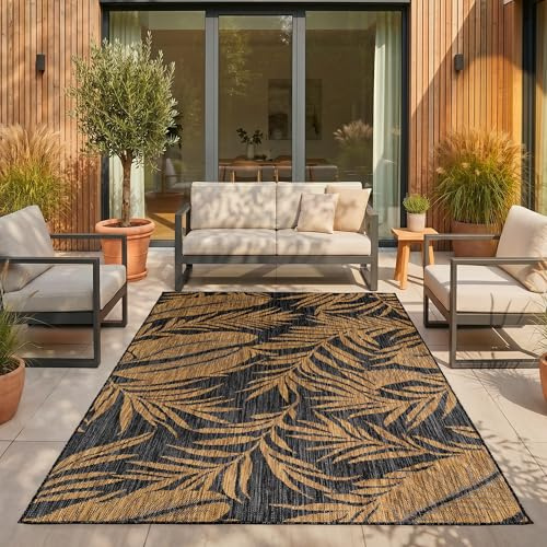 SIMPEX Outdoor Teppich Schwarz Natur Jute Optik 240x340 cm Balkon Terrasse Garten Wetterfest UV-beständig XL XXL Palmblatt Flachgewebe Pflegeleicht Robust Modern