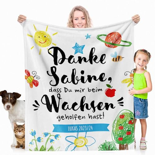 MyFacepot Kuscheldecke (150x130cm) | Geschenk für Erzieherin im Kindergarten Personalisiert mit Namen Flauschig Weich | Danke DASS du Mir beim wachsen geholfen hast…