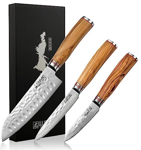 Wusaki Damas 10Cr Coffret de 3 couteaux de cuisine : santoku + office + universel - Lames damassées et manches en bois d'olivier