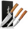 Wusaki Damas 10Cr Coffret de 3 couteaux de cuisine : santoku + office + universel - Lames damassées et manches en bois d'olivier