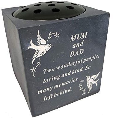 YoL Mum & dad dove rose flower bowl resin charcoal grey memorial graveside verse
