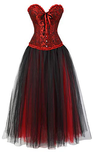 Grebrafan Steampunk Corsage mit Langrock aus tüll Braut Hochzeit Korsett Kostüm (EUR(32-34) S, Darkrot)