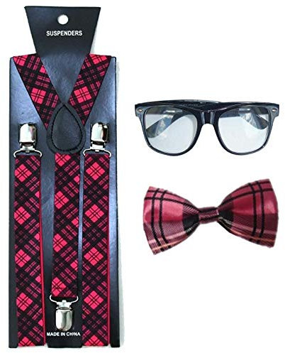 DIGITAL SPOT Erwachsene Nerd Brille rosa Tartan Hosenträger Fliege Set freches Schulmädchen Junge Kleid Kostüm Einheitsgröße