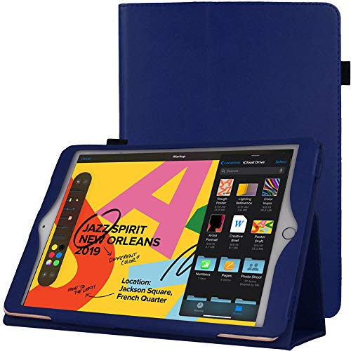 TECHGEAR Leather Case for Apple iPad 10.2 2021/2020 / 2019 [9th / 8th / 7th Generation] Premium PU Leather Slim Folio Case Cover with Stand, Hand Strap & Auto Sleep/Wake Function [Navy Blue]