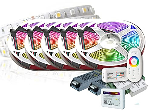 25M PREMIUM 24V RGB+WW RGBW LED Streifen, Band, Strip 5050 SMD RGB+Warmweiss Lichtleiste 1500LEDs 60LED's/M+WLAN WiFi MiLight Steuerung für Amazon Alexa/Smartphone +2x 400W TRAFO