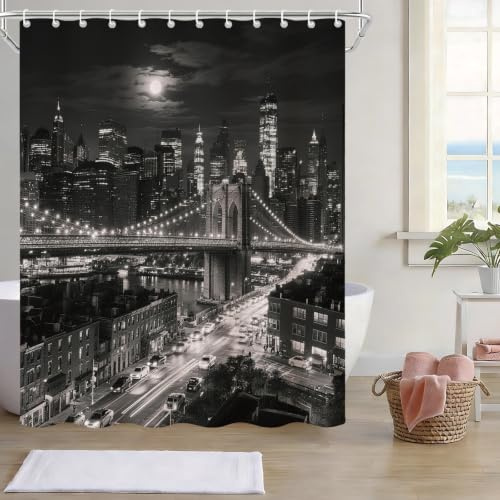 TheBlackSpot NYC Manhattan Night Brooklyn Bridge Theme Cloth Fabric Shower Curtain Sets Bathroom Decor with Hooks Waterproof Washable (70W×70L)