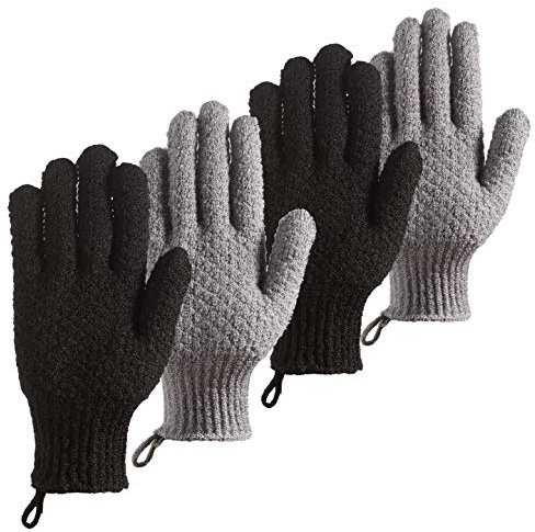 CLEEDY Bath Exfoliating Gloves Scrub - 4 Pcs (2Pairs) Lengthened and Large Exfoliating Scrubbing Gloves for Shower, Spa, Massage - Scrub Exfoliating Mitts for Body, Face, Hand and Foot (black and