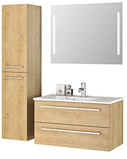 Sieper I Badmöbel Set Libato, Waschtisch mit Unterschrank 90 x 50 cm, Hochschrank und Badspiegel I Eiche Natur