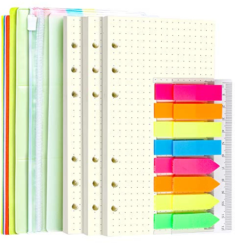 A6 Nachfüllpapier, 3 Stück, 45 Stück, A6, gepunktet, lose Blätter, mit Seitenmarkern, Linealen, Ordner-Trennwänden und Bindertaschen, LEOBRO 6-Ring-A6 Füllpapier, Notizbuch, Tagebuch