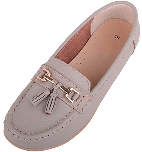 ABSOLUTE FOOTWEAR Womens Slip On Casual Leather Loafer/Deck/Boat Shoes/Sandals - Mushroom - UK 4