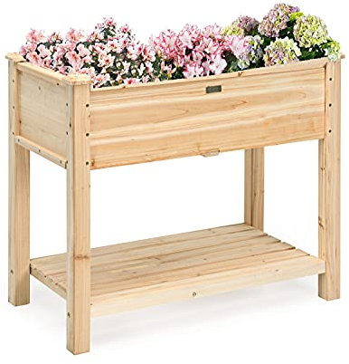 GIANTEX Bancal alto de madera de abeto con agujeros de drenaje, jardinera con estante, gran jardinera con patas altas, vivero para jardín, balcón, terraza