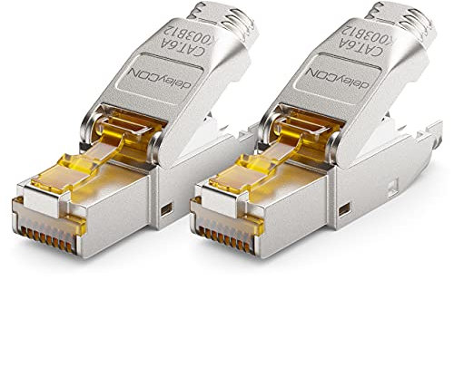deleyCON 2x CAT 6a Netzwerkstecker RJ45 Werkzeuglos Geschirmt 10 Gbit/s Netzwerk Stecker für Starre Verlegekabel Rohkabel Steckverbinder RJ45 Ethernet LAN DSL Patchkabel