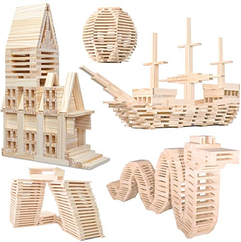 NiToy 200 Stück Holzbausteine, Kreative Montessori STEM Bauklötze aus Natur Kiefernholz, Sensorisches Spielzeug für Kinder, Bildungs-Lernspielzeug ab 1 Jahr, 3D Raumstapelspiele für Jungen und Mädchen