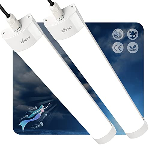 Tobeter 2 Stück Led Feuchtraumleuchte 60CM, 18W 1800LM LED Röhre Tageslicht, Reihenschaltung, Neutralweiß 4000K, IP66 Wasserfest Feuchtraumlampe für Garage Keller Werkstatt Badezimmer Büro Flur