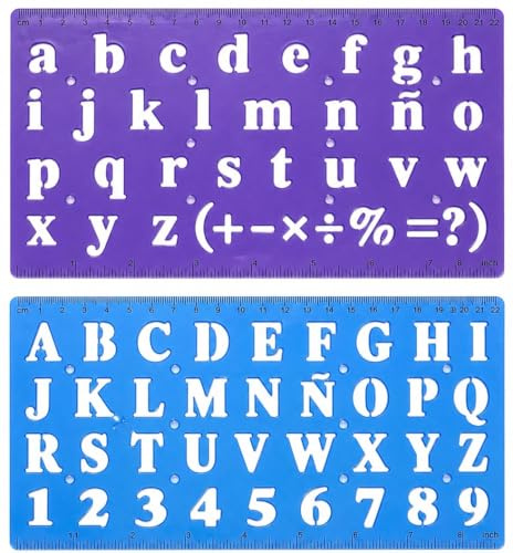 2 Alphabet Letter & Number Stencils – Upper & Lowercase Lettering Templates – Reusable Plastic Craft Stencils for Sign-Making, Arts & Crafts, Scrapbooking & Journaling – 22.9x13cm - Ruler Edge