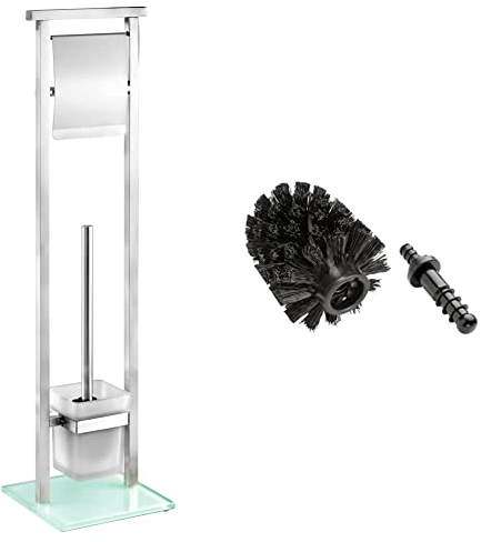 WENKO Stand WC-Garnitur Debar Edelstahl 18 x 73 x 18 cm, Satiniert & Ersatzbürste WC-Garnitur Schwarz Ø 7,5 cm - Ersatz-Toilettenbürste mit Adapter, Kunststoff, 7.5 x 9.3 x 7.5 cm, Schwarz