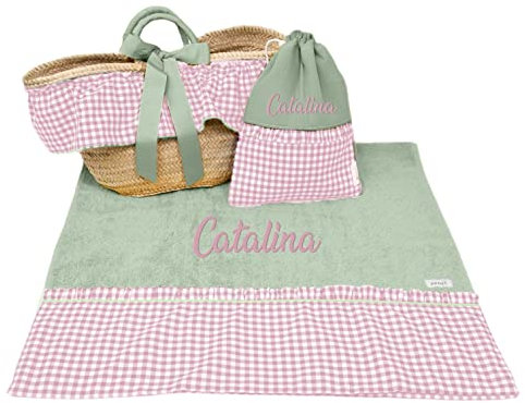 Nenel Capazo Mimbre Toalla de Playa Bolsa bañadores Personalizado para niña - Vichy (Personalizado) (3 Piezas, Rosa Maquillaje/Verde empolvado)