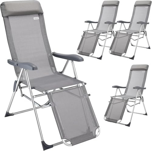 CASARIA Set of 4 Grey Aluminium High Back Folding Reclining Garden Chairs | 7 Position Adjustable Outdoor Chairs with Footrests for Patio Balcony Camping Decking Garden Furniture and Relaxing Use