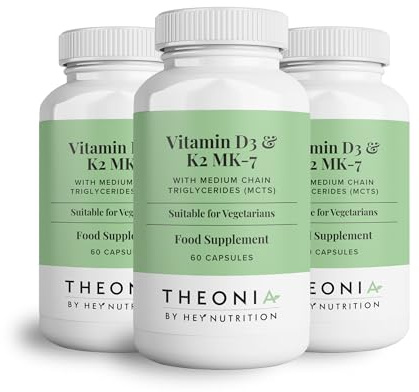 Theonia Vitamin D3 & K2 MK-7-100ug Each with MCT Oil | Suitable for Vegetarians - Support Healthy Bones, Teeth, Muscles, Immune Function, and Fatigue - Non-GMO - 3 Pack