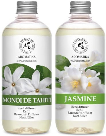 Raumduft Diffuser Nachfüller Monoi de Tahiti & Jasmin 1L - 2x500ml - Nachfüller Set für Duftdiffusor - Reed Diffuser Refill - Raumbeduftung - Zimmerduft - Diffuser Nachfüllen - Raumluft