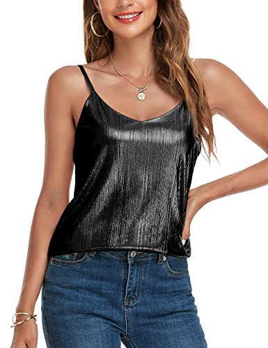 VIDUSSA Damen Funkelnde Tops Ärmellose Camisole Tank Tops Pailletten V-Ausschnitt Oberteile Shirt Blusen Schwarz L