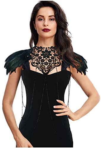keland Feder Shrug Epauletten Cape Schal Steampunk Körperkette Schulterkette Harness für Frauen Burlesque Kostüm (Schwarz-001)