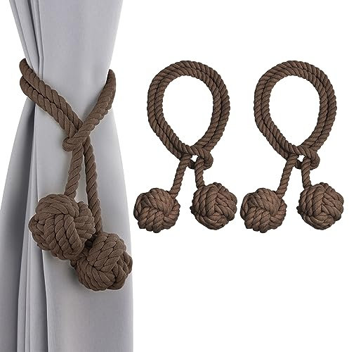 starfa lab 2 Stück Vorhang Raffhalter, Vorhang Zugband Handstricken Seil mit Ball (Braun)