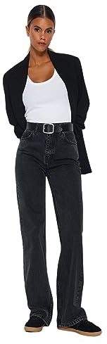 TRENDYOL Damen Gerade Weites Bein Hohe Taille Jeans, Anthrazit, 40 EU