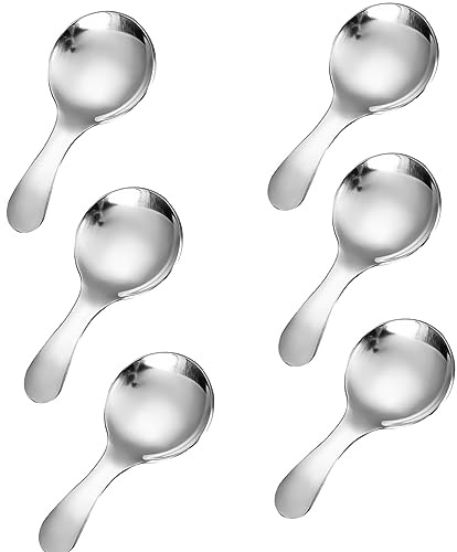 6 Stück Edelstahl-Löffel mit kurzem Griff, verdickt, klein, rund, für Honig, Süßigkeiten, Kaffee, Tee, Salz, Marmelade und Senf – Eiscreme-Dessertlöffel (D Silber)