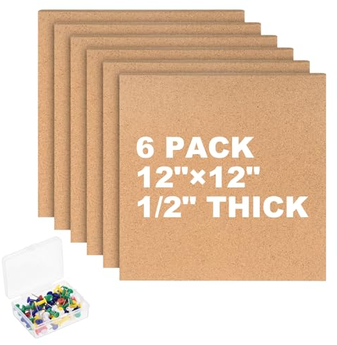 PATIKIL Cork Board Tiles, 6 Pack 12 x 12 Cork Board Bulletin Board, 1/2 Thick, Small Square Pin Board with Self Adhesive, 50 Push Pin Wood Clips for Wall, Home & Office