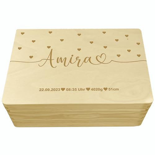 Erinnerungsbox Baby personalisiert | Geschenk zur Geburt | Erinnerungskiste mit Name | M 30x20x13cm | Holz (Name in Herzschrift, 30 x 20 x 13 | M)