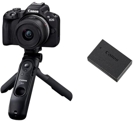 Canon EOS R50 Creator Kit Vlogging Kamera + RF-S 18-45 is STM Objektiv + Griffstativ + Mikrofon & 9967B002 Akku LP-E17, schwarz