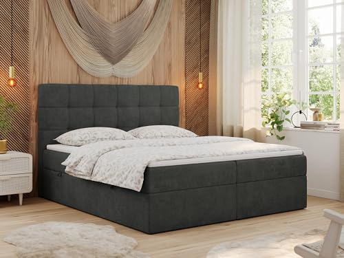 MKS MEBLE Boxspringbett mit Matratze, Bett mit Multipocket - Matratze und Topper T25, Polsterbett mit Bettkasten und Kopfteil, ERNI (160x200 cm, H3 Dunkelgrau, Stukture)
