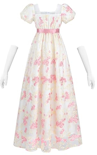CR ROLECOS Robe victorienne Regency pour femme Bridgerton - Robe de bal bouffante avec gants, Rose-1104c, L