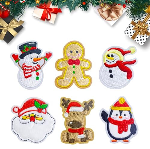 Durdiiy Christmas Iron on Patches, 6/8 PCS Embroidered Iron on Patches Santa Claus Christmas Tree Elk Snowman Gift DIY Patches Stickers Sew On Decoration Patch for DIY Jeans Clothing Handbag (A-6)