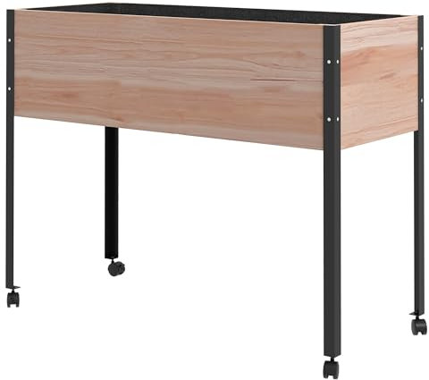 Outsunny Fioriera Rialzata con Fori di Drenaggio e 4 Ruote, Fioriera da Giardino in Legno di Abete e Acciaio, 99x42x81 cm, Nero e color Legno