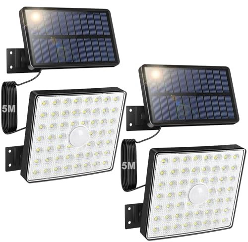 Moman Solarlampen für Außen, 2PCS/54LED Strahler mit Bewegungsmelder Außen Solarleuchte mit 5M Kabel & 4 Modi IP65 Wasserdicht Solar LED für Garten Garage, Solarlampe-Außen-LED-Solarleuchten-Strahler