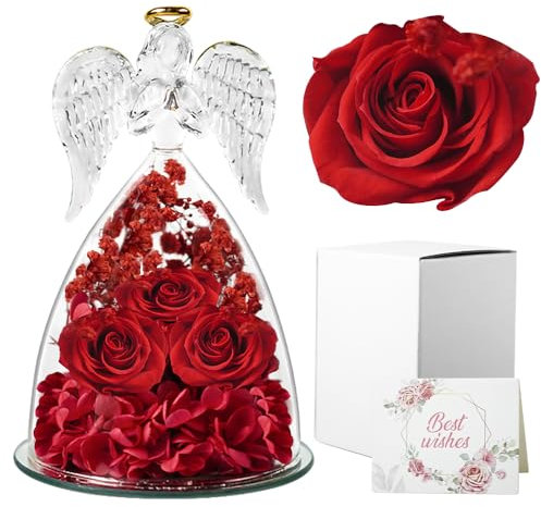 Cynrikah Rosa Stabilizzata, Festa della Mamma Rose Stabilizzate con Angelo di Vetro Rosa Eterna Stabilizzata Statuette Angeli Rosa Vera Regalo Mamma Anniversario Compleanno Moglie/Madre/Nonna(Rosso)