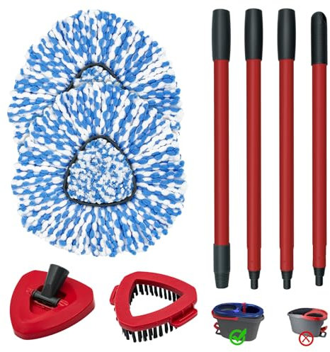 Spin Mop Handle,Mop Heads Replacements,Scrubber Mop Head and Mop Base Compatible with O-cedar RinseClean 2-Tank Spin Mop System,Mop Handle and Head Replacement Combo Set for Wet Dry Use Floor Cleaning