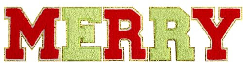 WILDREEDS 5PCS Merry Patches, Chenille Letter Patches Embroidered Iron on Sew on Patches for Christmas Decor Supplies