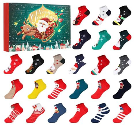 Weihnachtssocken Adventskalender 2024, Adventskalender 2024 Männer Weihnachtsgeschenke, 24 Paar Niedliche Socken Weihnachts-Adventskalender, 24 Tage Socken Weihnachts-Countdown-Kalender