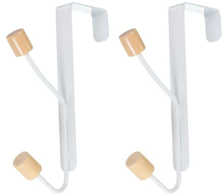 sourcing map 2pcs Over The Door Hanger Hooks Metal Over Door Coat Racks Wood Hooks Clothes Organizer Racks with 2 Wooden Hooks for Organizer and Hanging Coat Towels Bags Hats Robes, White