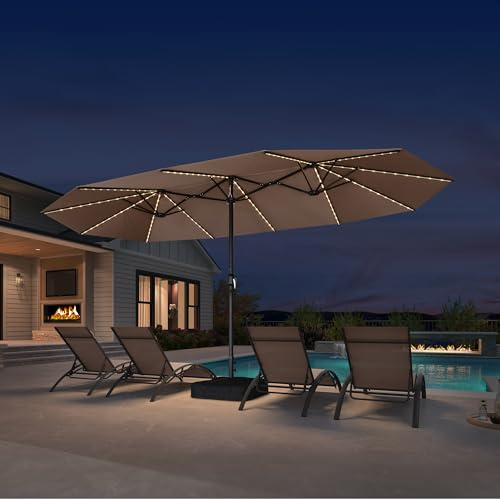 PURPLE LEAF Parasol Rectangulaire avec LED et Pied 4,55 x 2,7 x 2,4 m Taupe | Parasol de jardin extérieur, Grande zone d'ombre 12 m², Anti-vent, Éclairage d'ambiance, UPF 50+, Couleur durable, Restaurant