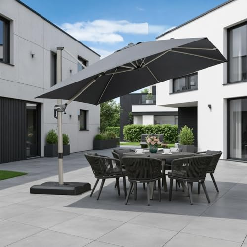 PURPLE LEAF Sonnenschirm 300 × 300 cm Champagner Antirutschgriff Hellgrau | Fexible Neigung, 360° Fußpedal Drehung, Rundum Verstellbar, Wetterfester Polyester, UV-Schutz & Wasserabweisend, Ampelschirm