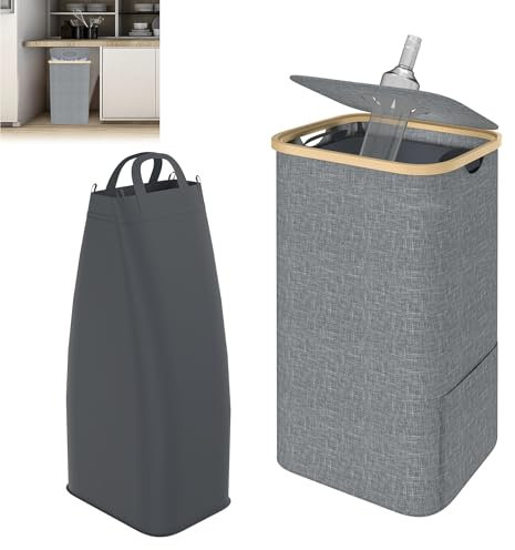 YRHome Consigne de collecte avec couvercle, 97 l, avec trou, support de sac poubelle, grand sac de transport, sac vide, collecteur de bouteilles, pour salle de rangement, cuisine, gris