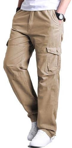 OlmecsHKEU Pantalon Cargo Ete Homme Pantalon de Travail Coupe Droite Taille Elastique Pantalon de Randonnée Kaki S