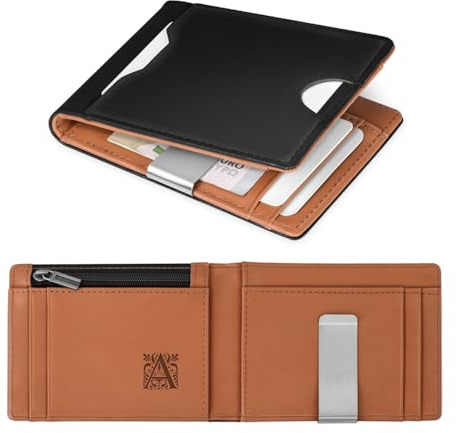 Maverton Slim Wallet mit Gravur, Herrengeldbörse mit Münzfach für 9 Karte | Geldbörse Herren mit Inital aus echtem Rindsleder, Geschenke für Männer, personalisierte Geschenke für ihn, schwarz-braun