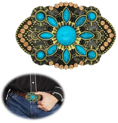 CHENNAN Böhmischer Stil Western Gürtelschnalle mit Stein Türkis 38mm-40mm Oval Blumenförmiger Gürtelverschluss aus Synthetischer Türkis Vintage Türkis Gürtelschnalle für Damen und Herren (Blau A)