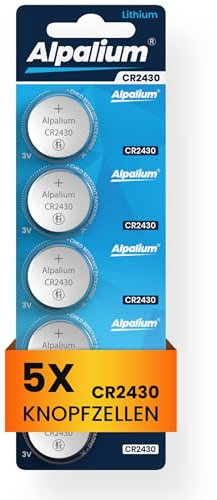 Alpalium Batteria a bottone CR2430, confezione da 5, 3 V, alta potenza per telecomandi, portachiavi, CPU, dispositivi portatili e medici, CR 2430, qualità premium e lunga conservabilità