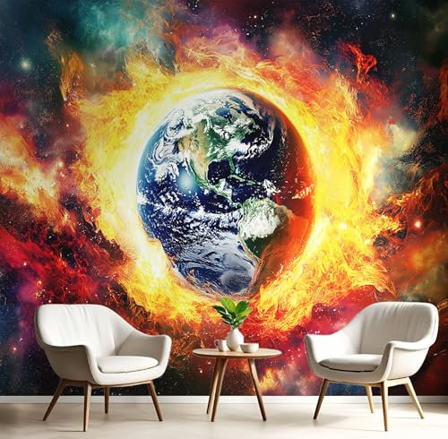 Seide Fototapete Universum 450×315 CM (W×H), Foto Tapete Schlafzimmer Wohnzimmer Seide tapete, Wandtapete Feuer Erde Motivtapeten Bildtapete 3d Effekt Wand Dekoration